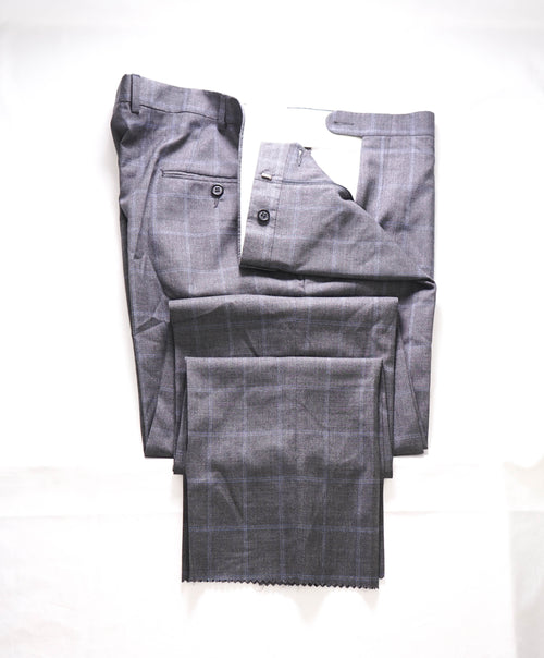 HICKEY FREEMAN - Gray & Blue Windowpane Wool Flat Front Dress Pants - 40W