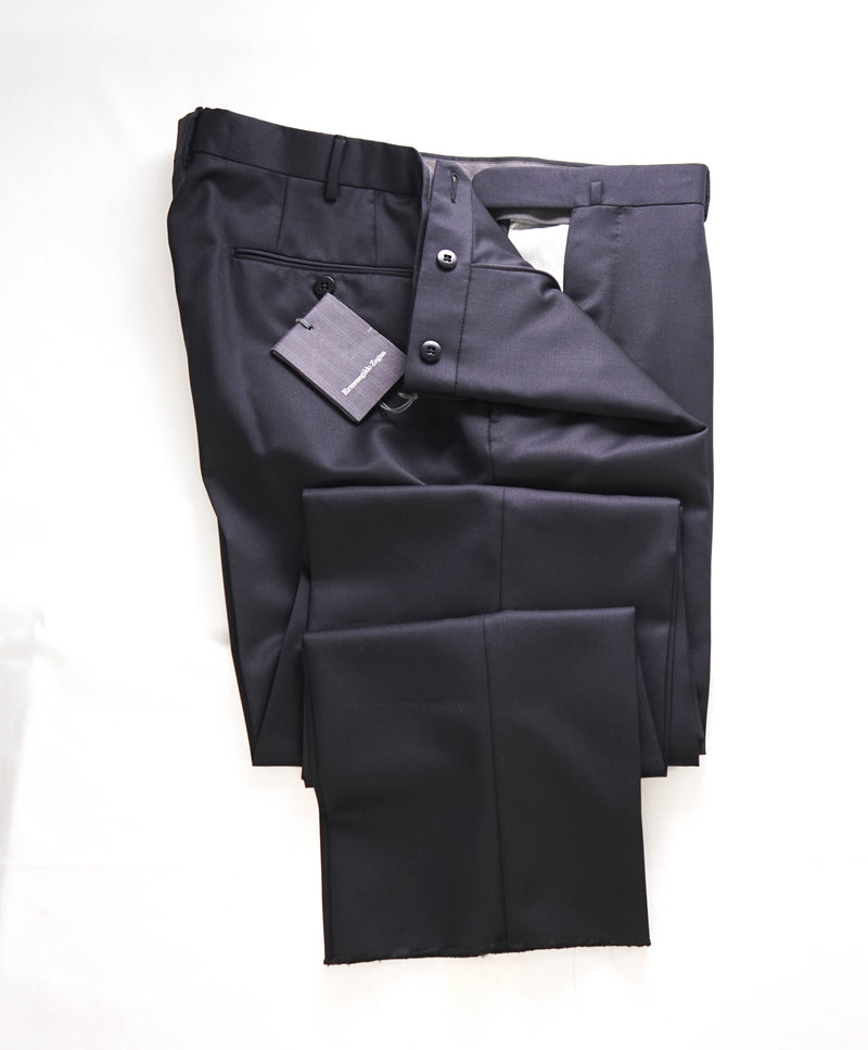 $695 ERMENEGILDO ZEGNA - Black Wool “MICRONSPHERE" Flat Front Trousers- 38W