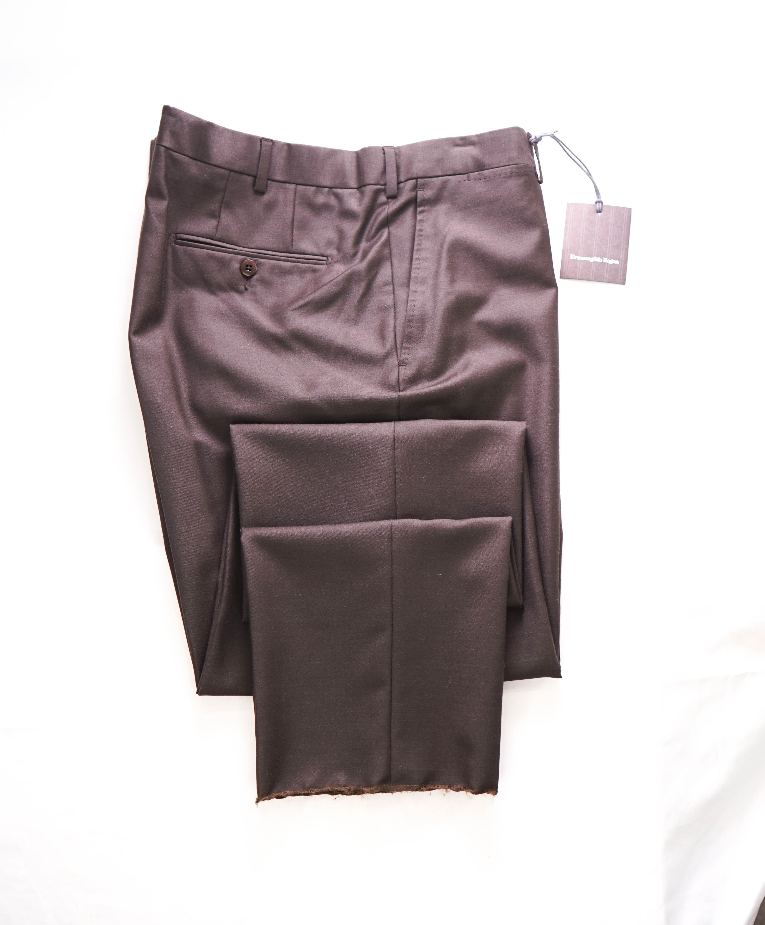 $795 ERMENEGILDO ZEGNA -Mdm Brown “TROFEO" Flat Front Wool Trousers- 40W