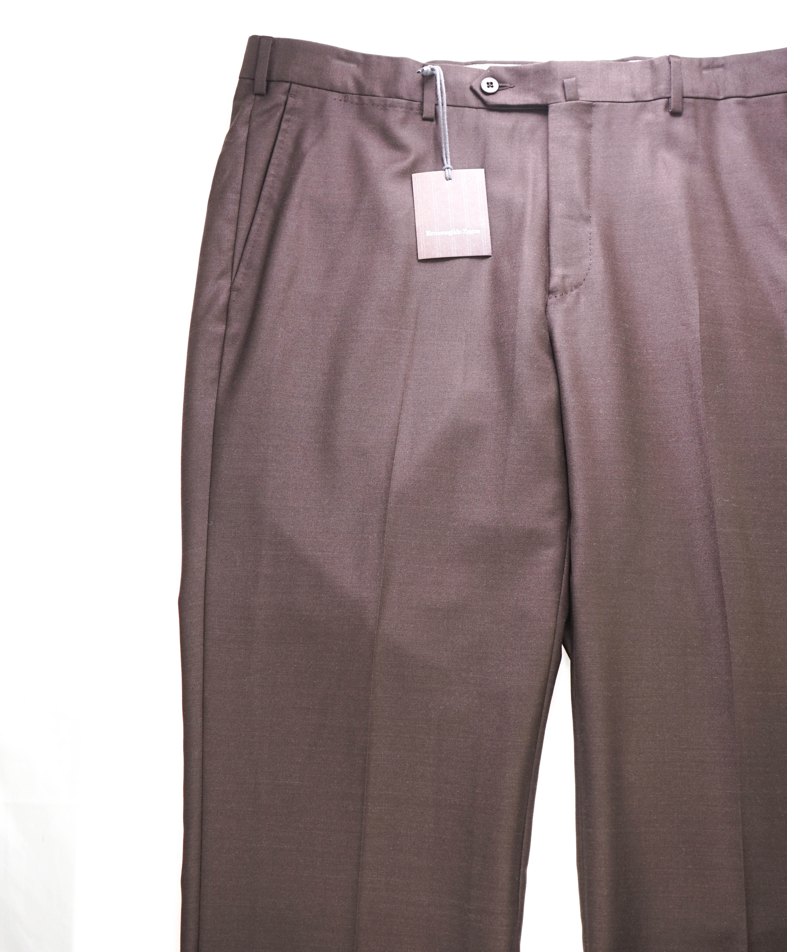 $795 ERMENEGILDO ZEGNA -Mdm Brown “TROFEO" Flat Front Wool Trousers- 40W