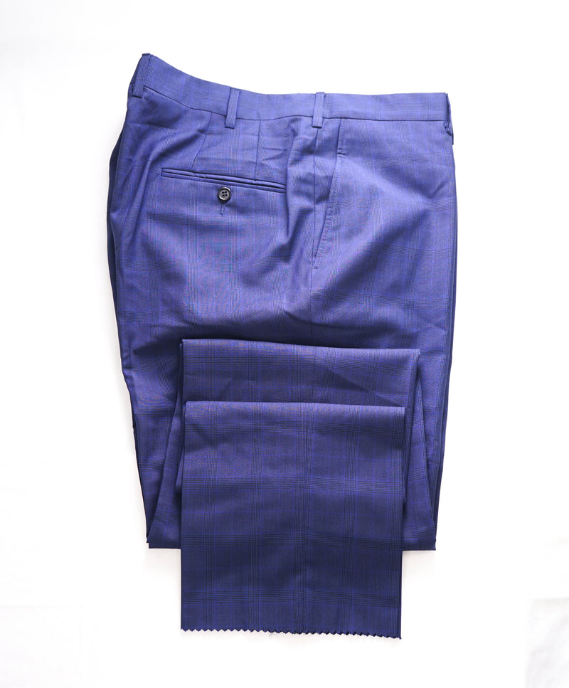 HICKEY FREEMAN -  Blue Plaid Check Wool Flat Front Dress Pants - 40W