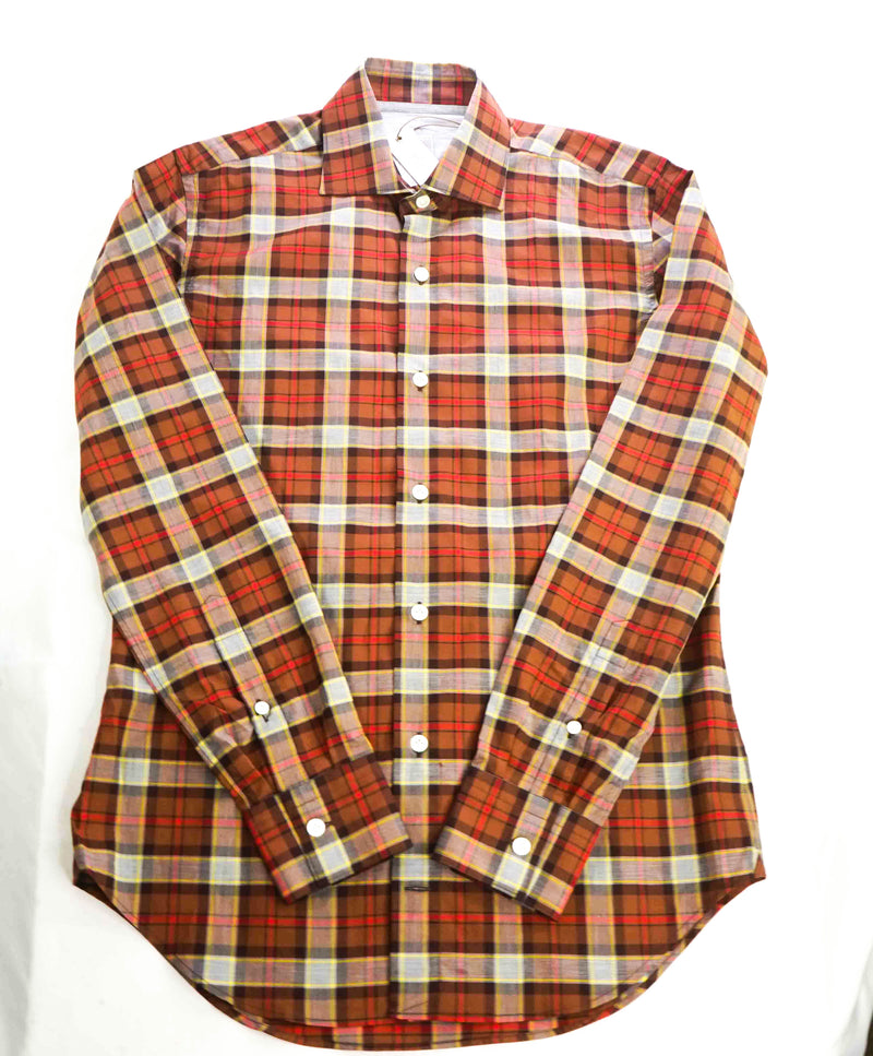 $395 ELEVENTY - Brown Check Plaid *Wide Spread Collar* Button Down Shirt - M