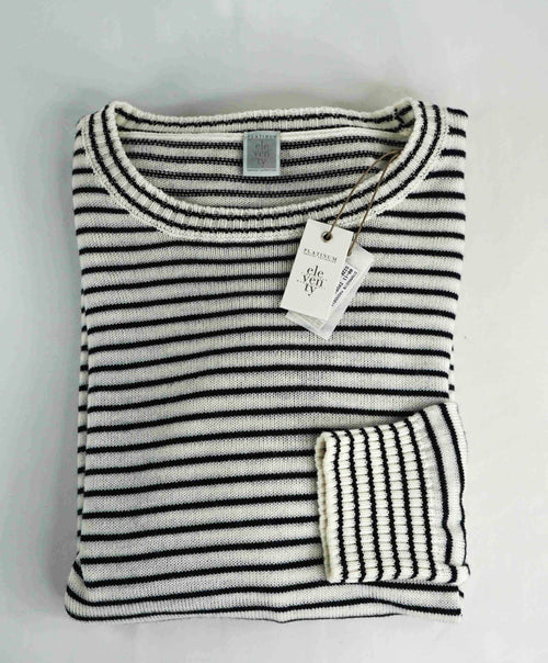 $495 ELEVENTY - Ivory / Navy Stripe Crewneck Wool Sweater - M