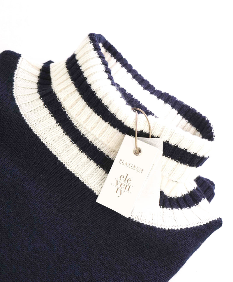 $495 ELEVENTY - Navy / White *PLATINUM* Wool Tipped Turtleneck Sweater - M