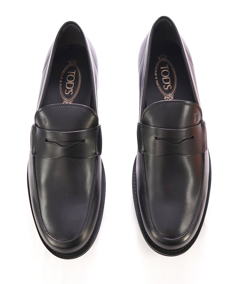 TOD’S - “Boston” Black Logo Embossed Vamp Penny Loafers  - 12 US