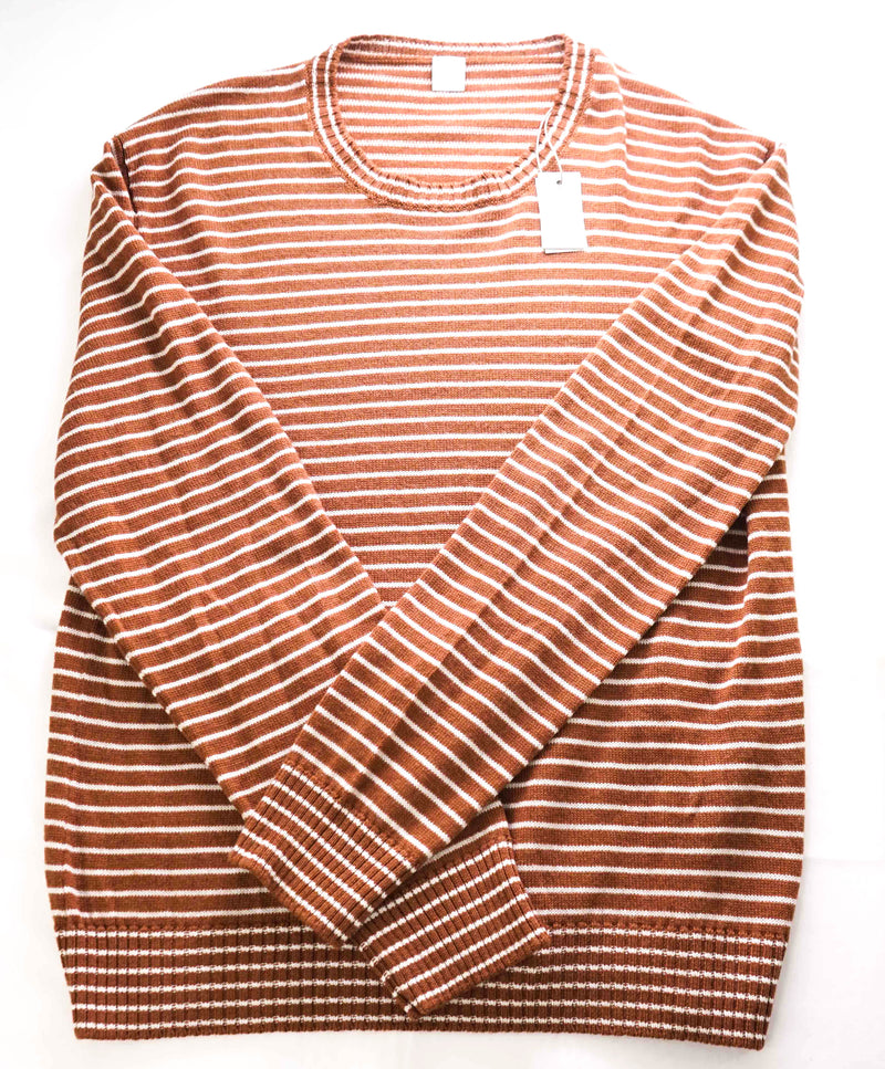 $495 ELEVENTY - Ivory / Camel Stripe Crewneck Wool Sweater - L