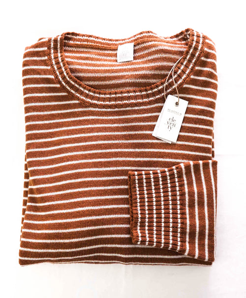 $495 ELEVENTY - Ivory / Camel Stripe Crewneck Wool Sweater - L