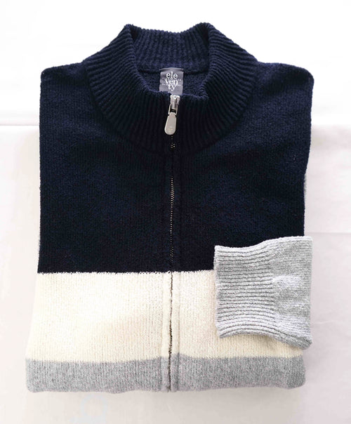 $495 ELEVENTY - Cotton FULL ZIP Color Block Blue/Ivory/Gray Sweater - XL
