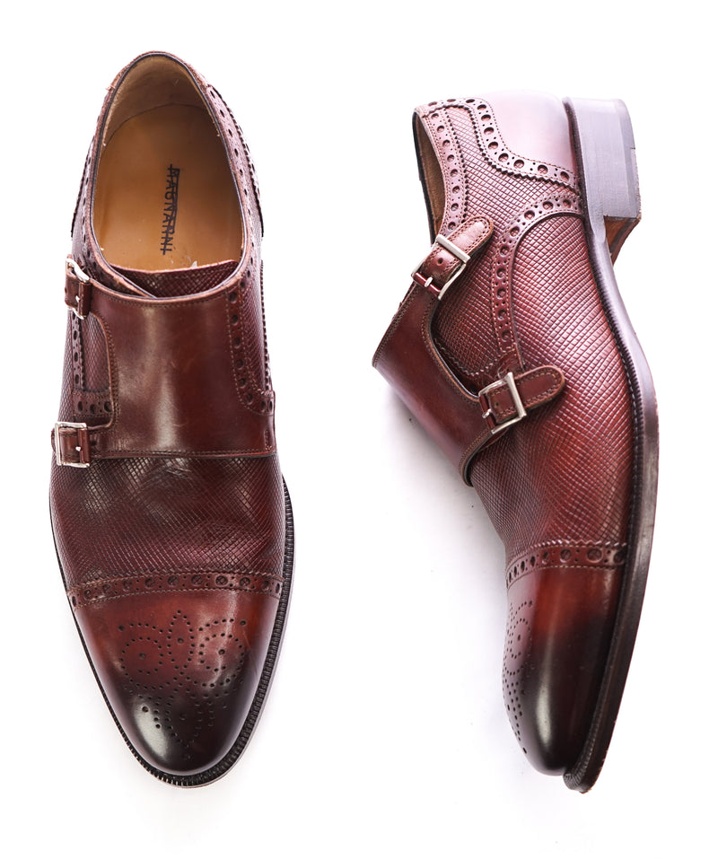 MAGNANNI - Textured Cap-Toe Brogue Brown Double Monk Strap Loafers -  10.5