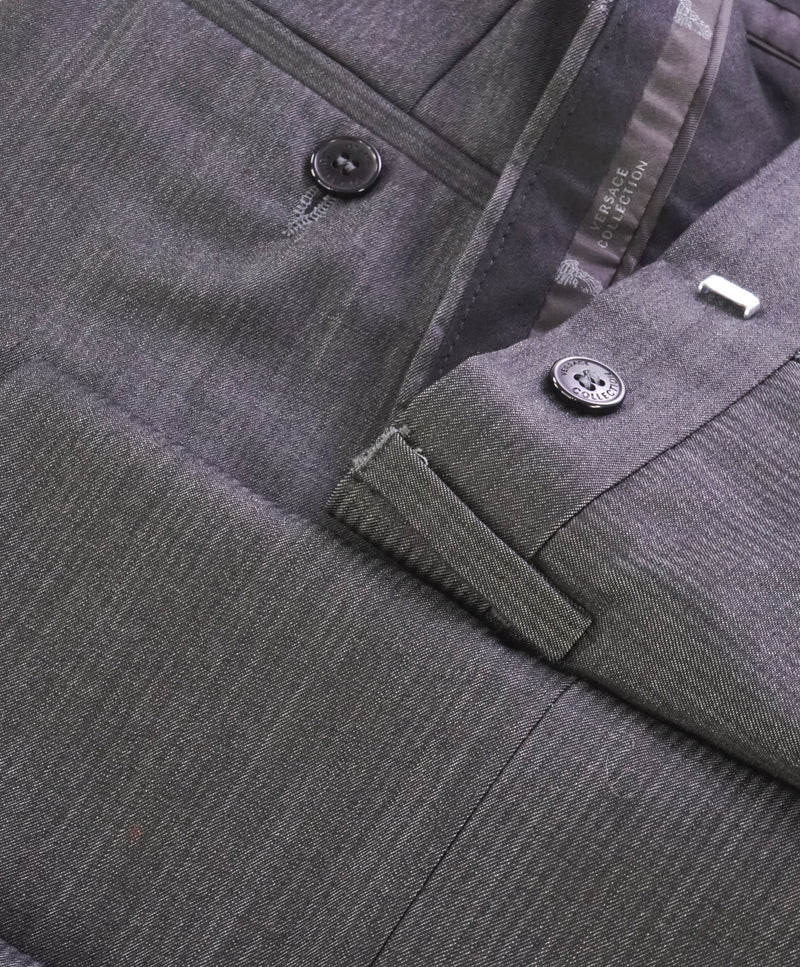 VERSACE COLLECTION -  Tonal Gray Stripe Logo Button Dress Pants - 30W