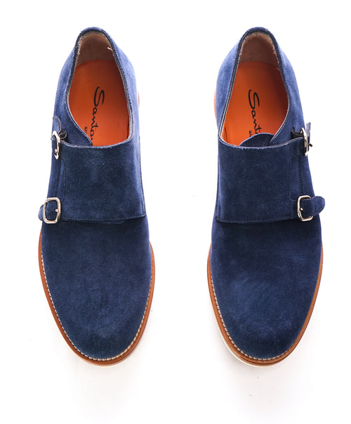 SANTONI - Powder Blue Suede Double Monk Strap Contrast Loafers - 9