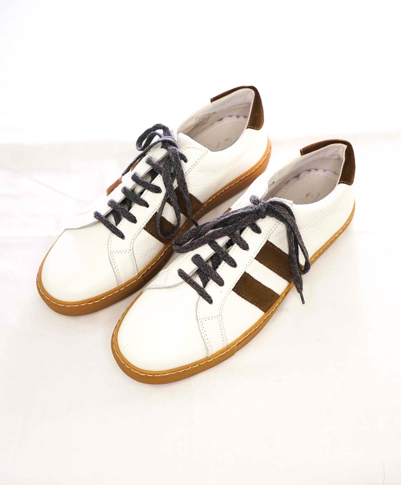 $395 ELEVENTY - Pebbled Leather Brown Suede Stripe Sneaker - 10 US (43EU)
