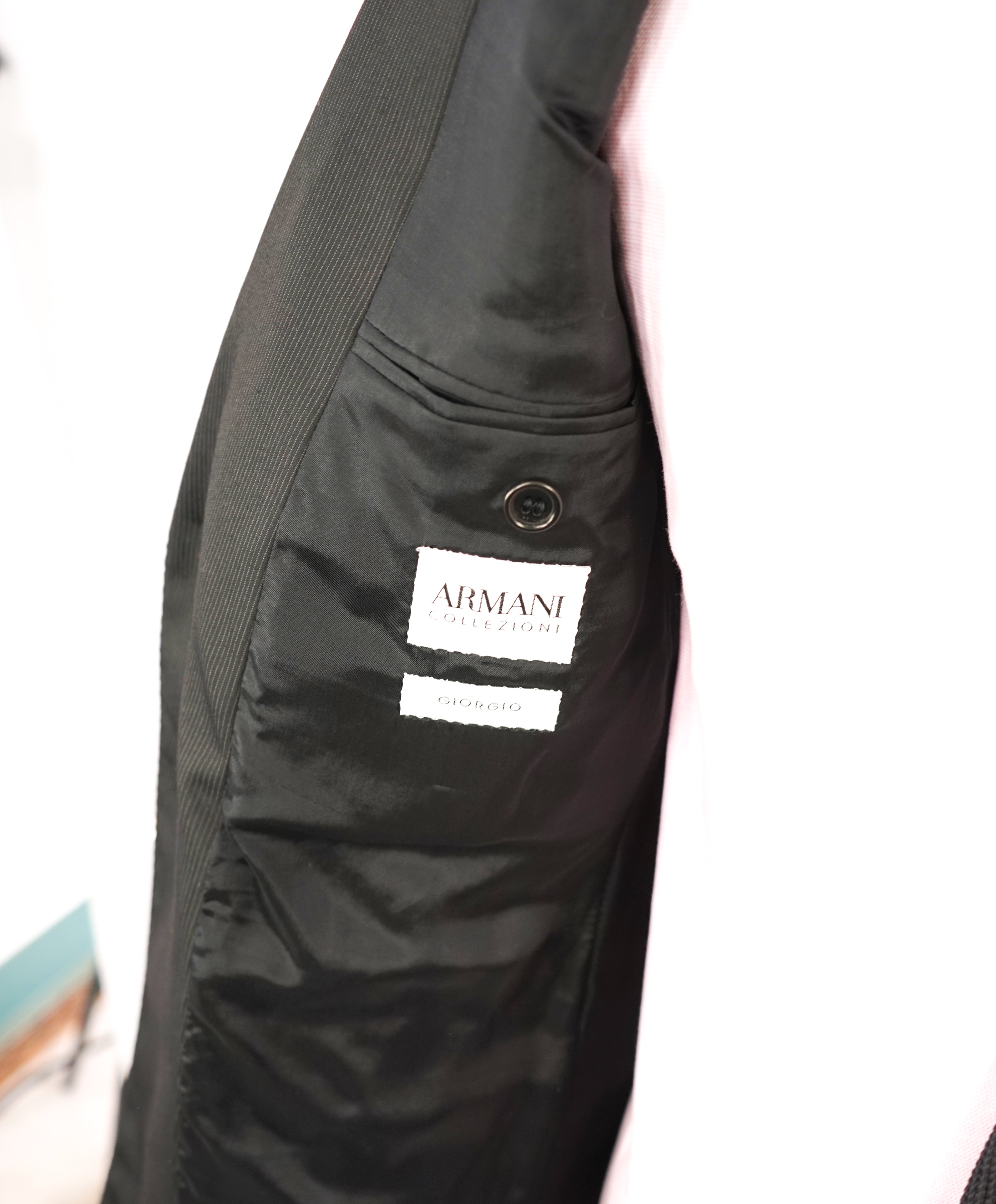 ARMANI COLLEZIONI - "Giorgio Line" Performance Blend Tonal Stripe Black Suit - 38R