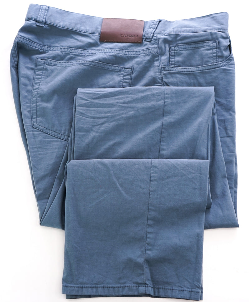 CANALI - Stone Blue Cotton/Silk/Elastane Flat Front 5-Pocket Pants - 39W