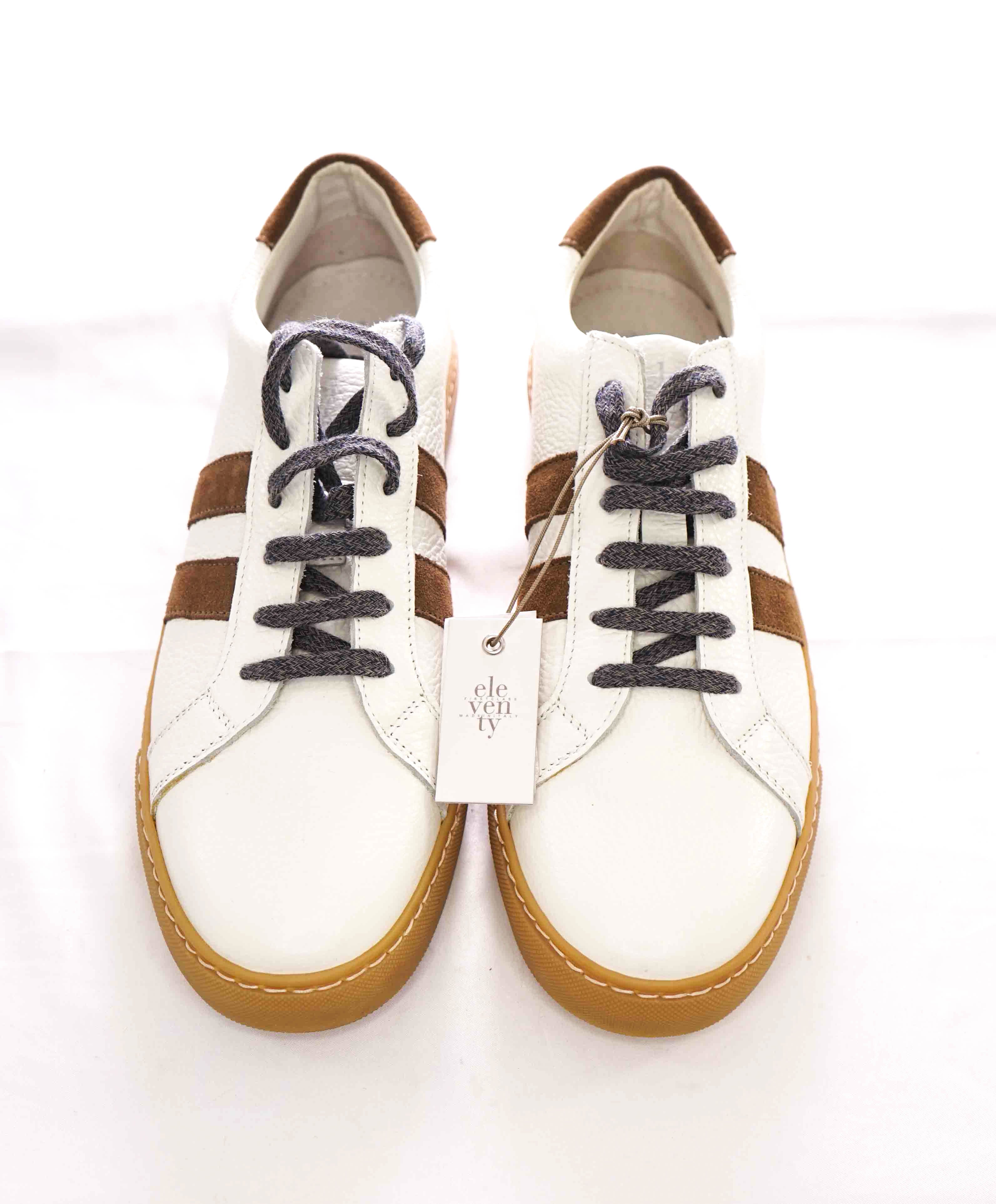 $395 ELEVENTY - Pebbled Leather Brown Suede Stripe Sneaker - 11 US (44EU)