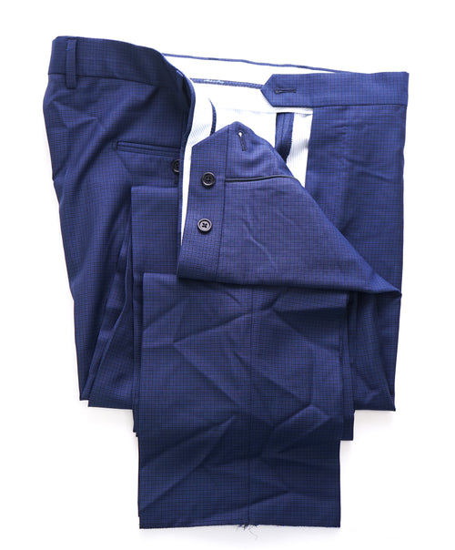 SAKS FIFTH AVE - Medium Blue Micro Check Flat Front Dress Pants - 38W