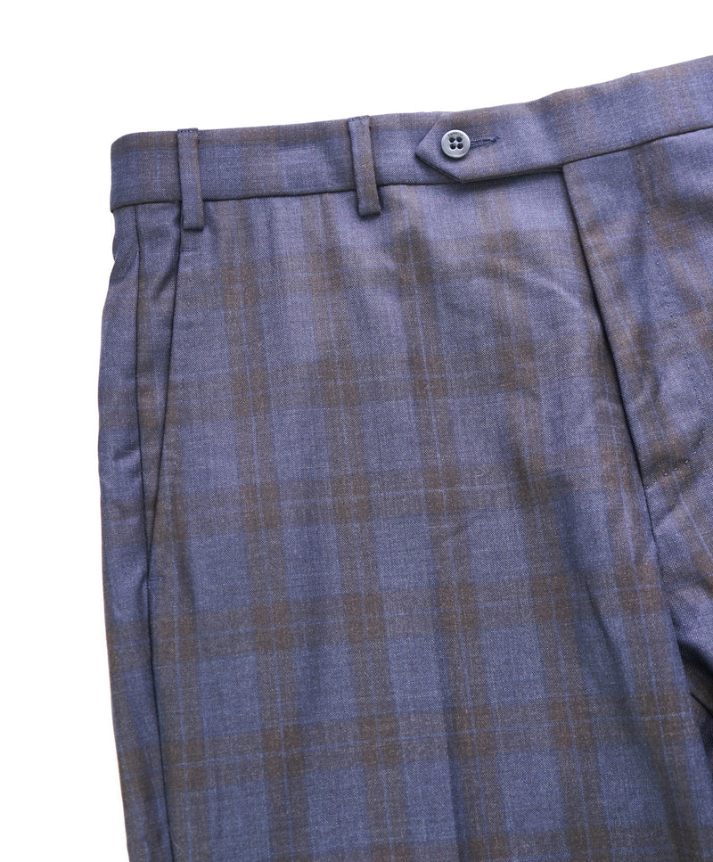 ZANELLA - Bold Blue & Brown Check Plaid “Devon” Flat Front Dress Pants - 34W