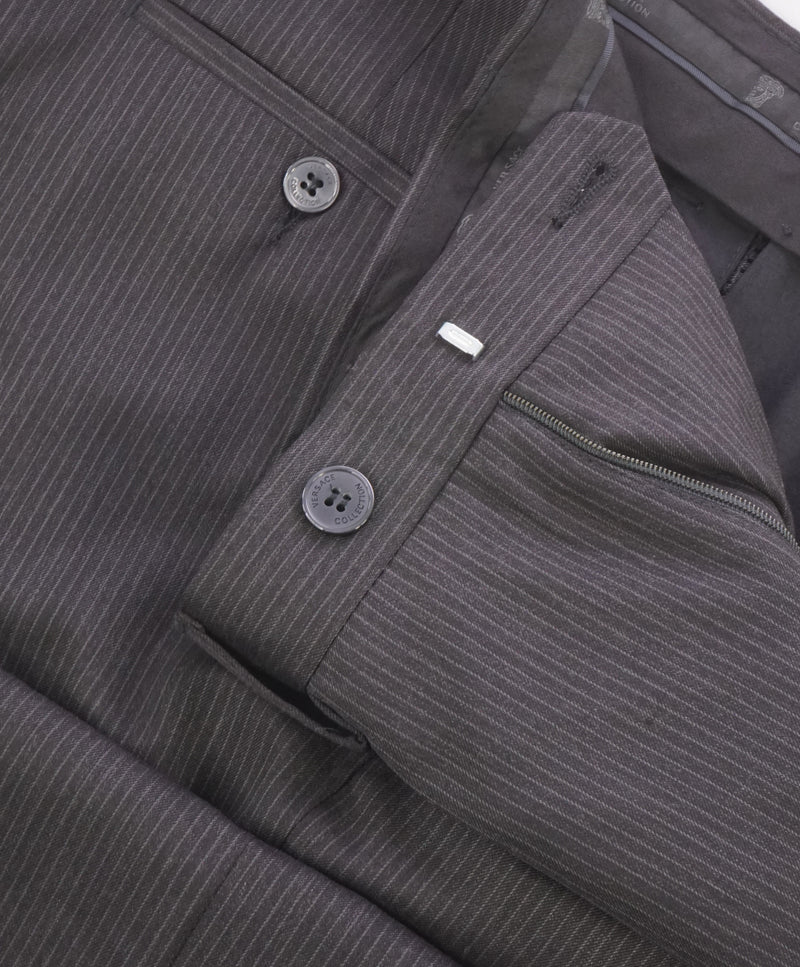 VERSACE COLLECTION -  Tonal Gray Stripe Logo Button Dress Pants - 36W
