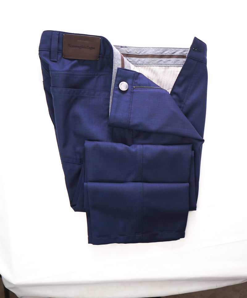 ERMENEGILDO ZEGNA - Cobalt Blue WOOL Brown Logo Tag 5-Pocket Pants - 34W