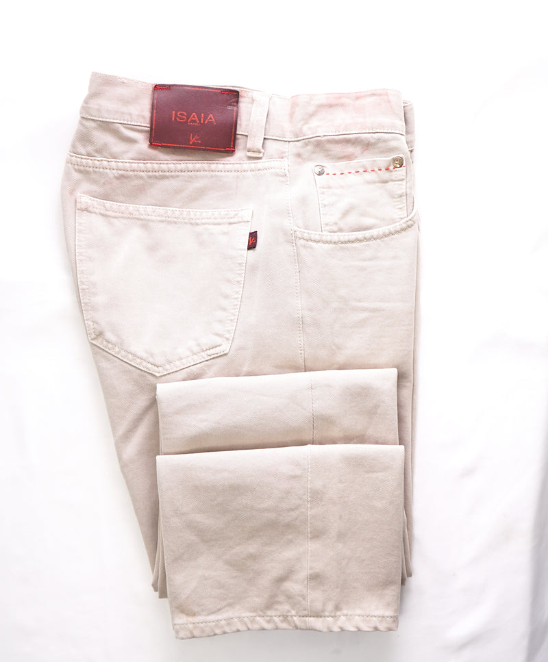 ISAIA - Bold Logo 5-Pocket Beige Cotton Pants Leather tag - 34W