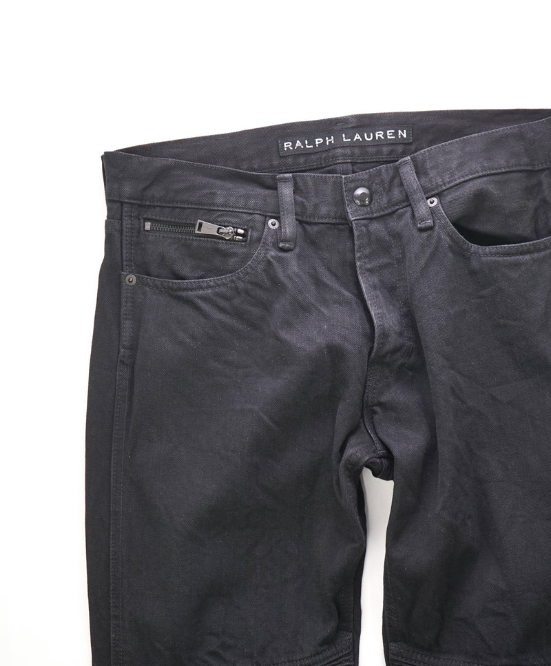 RALPH LAUREN BLACK LABEL - Black Cotton Distressed LOGO Zipper Jeans - 31W