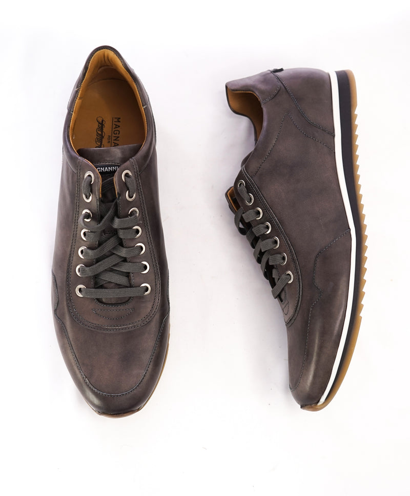MAGNANNI - Lace Up Gray Patina Leather Sneakers W Rubber Sole - 9