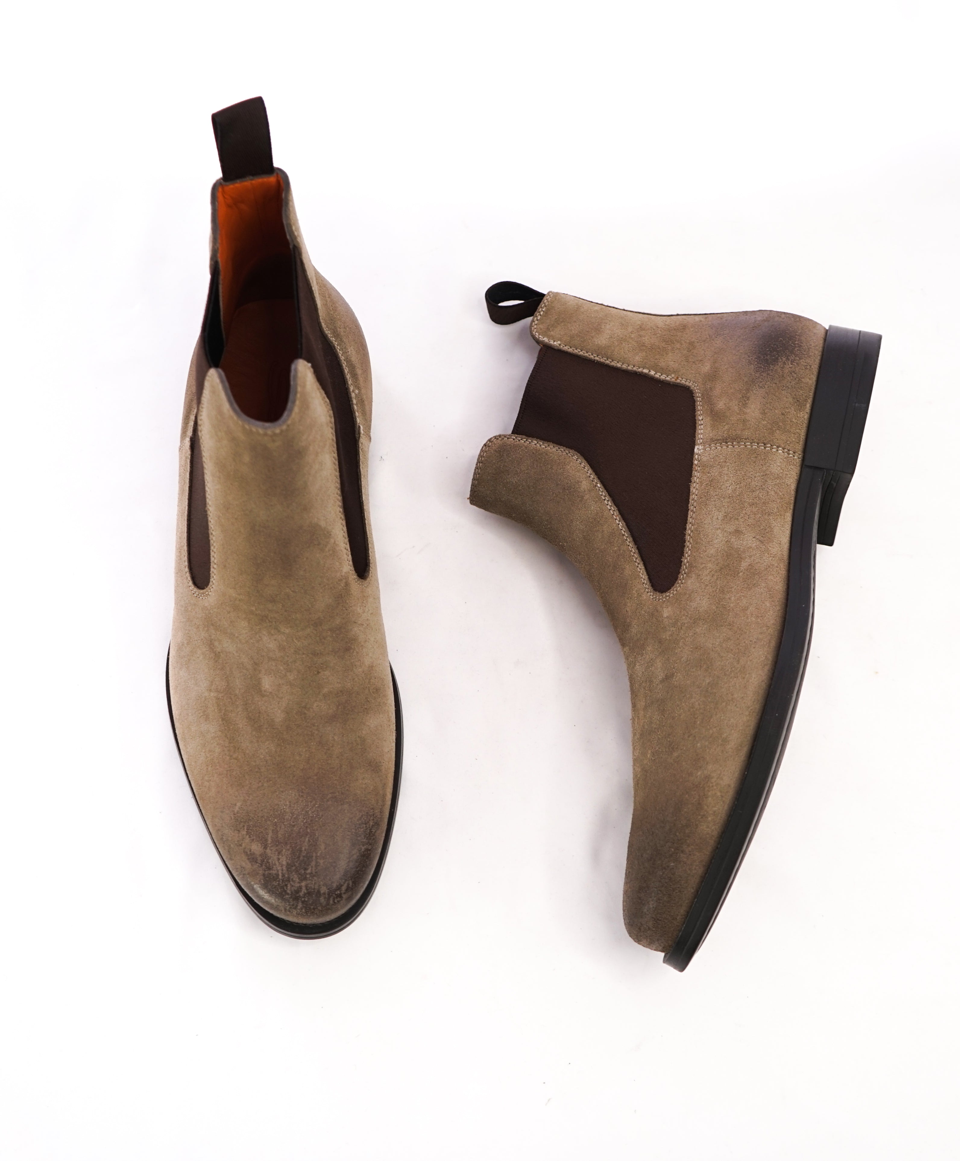 SANTONI - Beige Distressed Suede Ankle Chelsea Boot W Logo Sole - 8