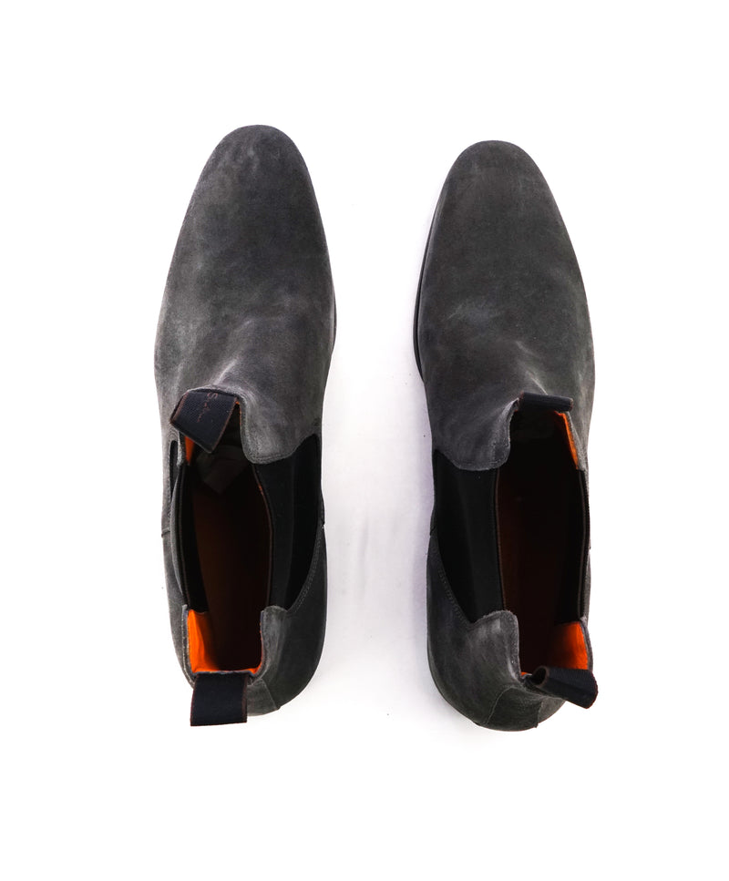SANTONI - Gray Suede Ankle Chelsea Boot W Logo Sole & Straps - 12