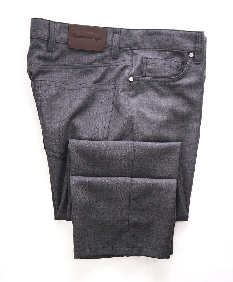 ERMENEGILDO ZEGNA - Gray WOOL Brown Suede Logo Tag 5-Pocket Pants - 36W