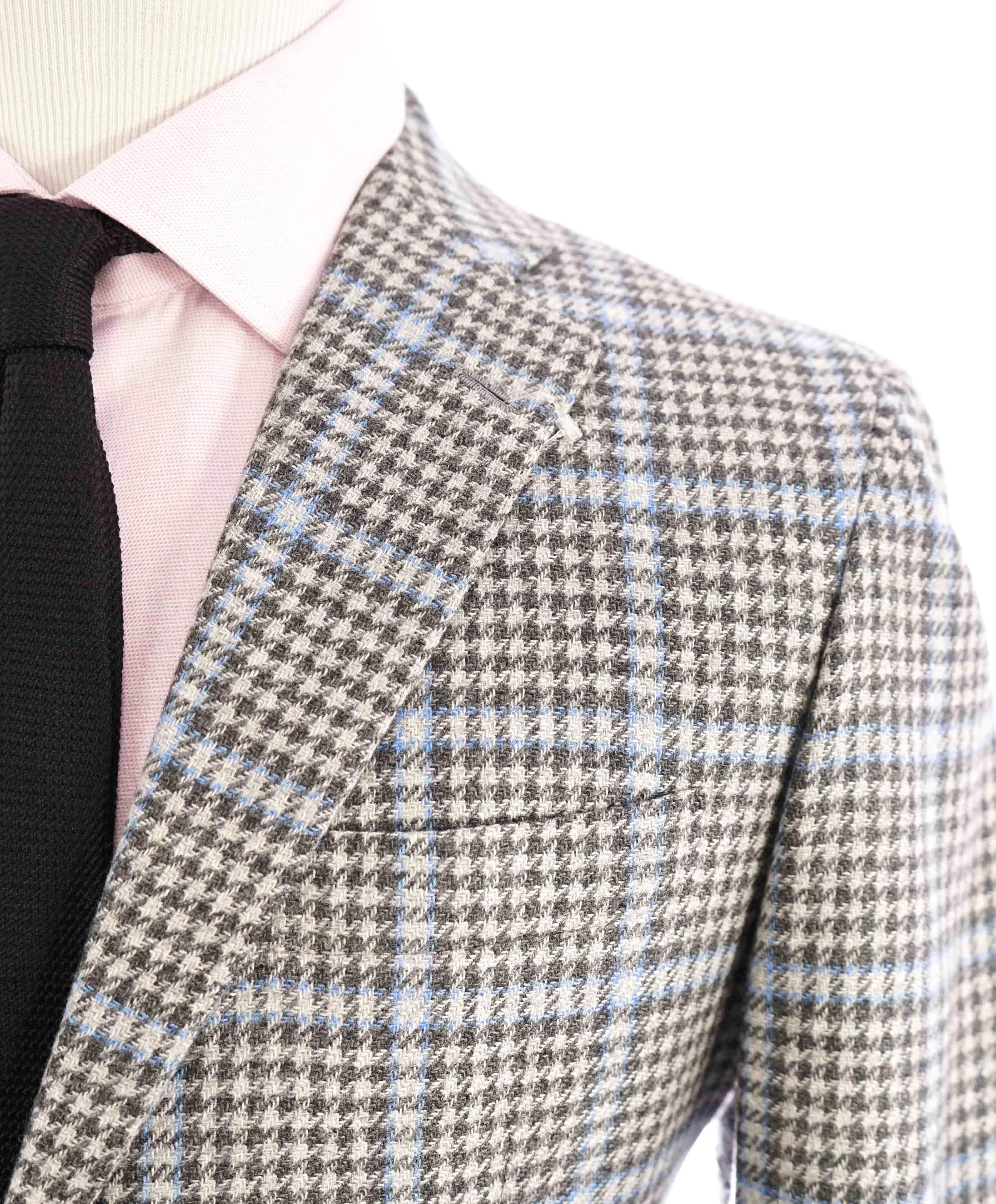 $8,125 KITON - *CASHMERE* Gray & Blue Houndstooth Check Blazer - 38S