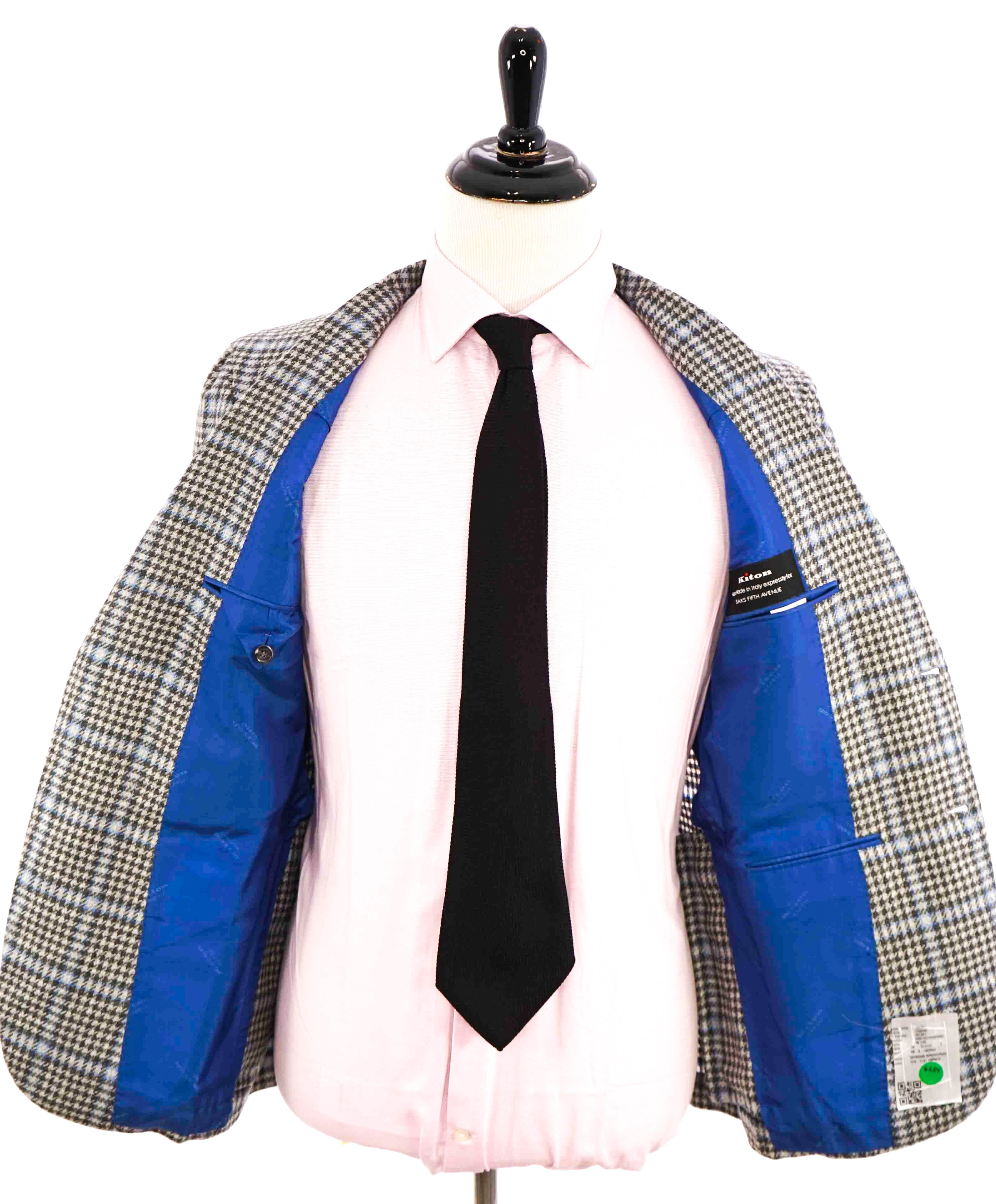 $8,125 KITON - *CASHMERE* Gray & Blue Houndstooth Check Blazer - 38S