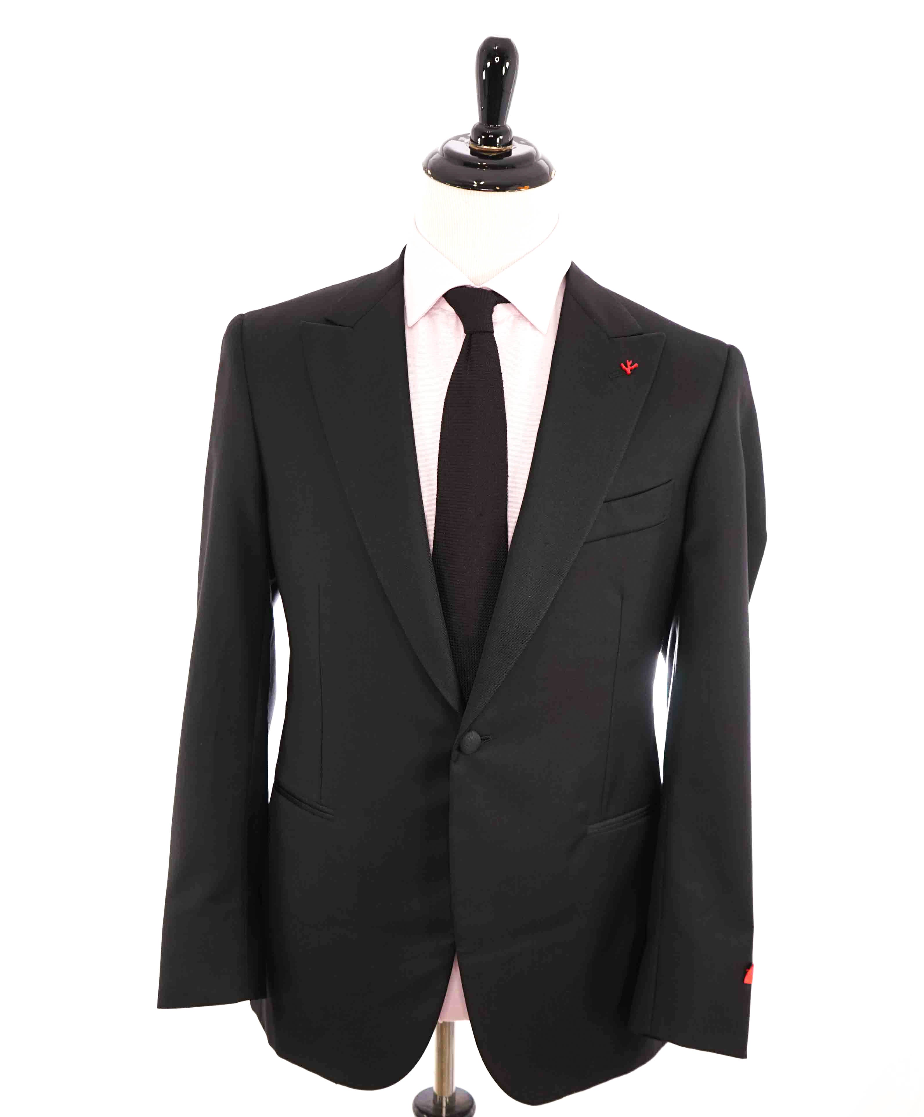 $4,595 ISAIA - "AQUASPIDER" Satin PEAK LAPEL Black Wool Tuxedo - 42R