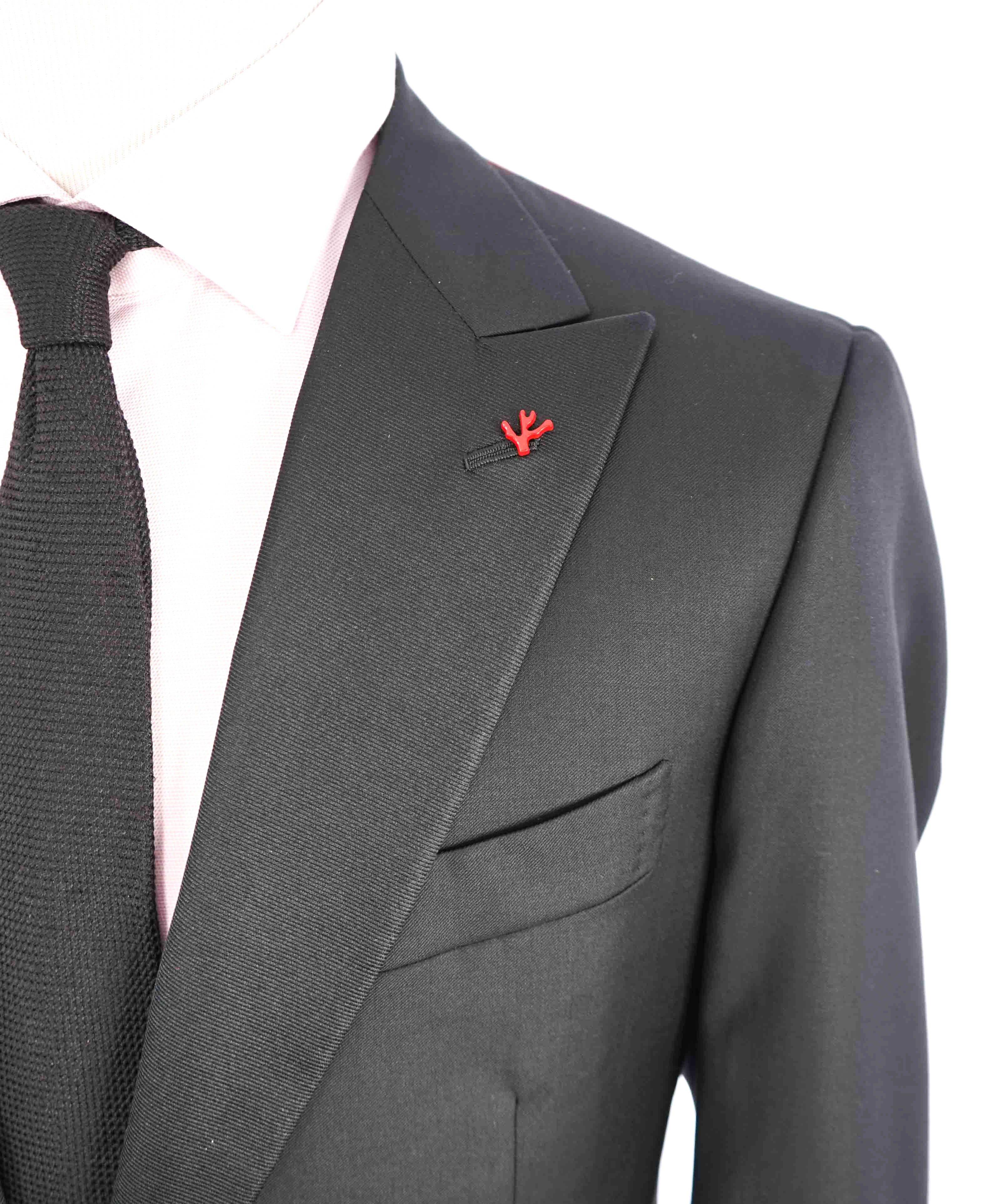 $4,595 ISAIA - "AQUASPIDER" Satin PEAK LAPEL Black Wool Tuxedo - 42R