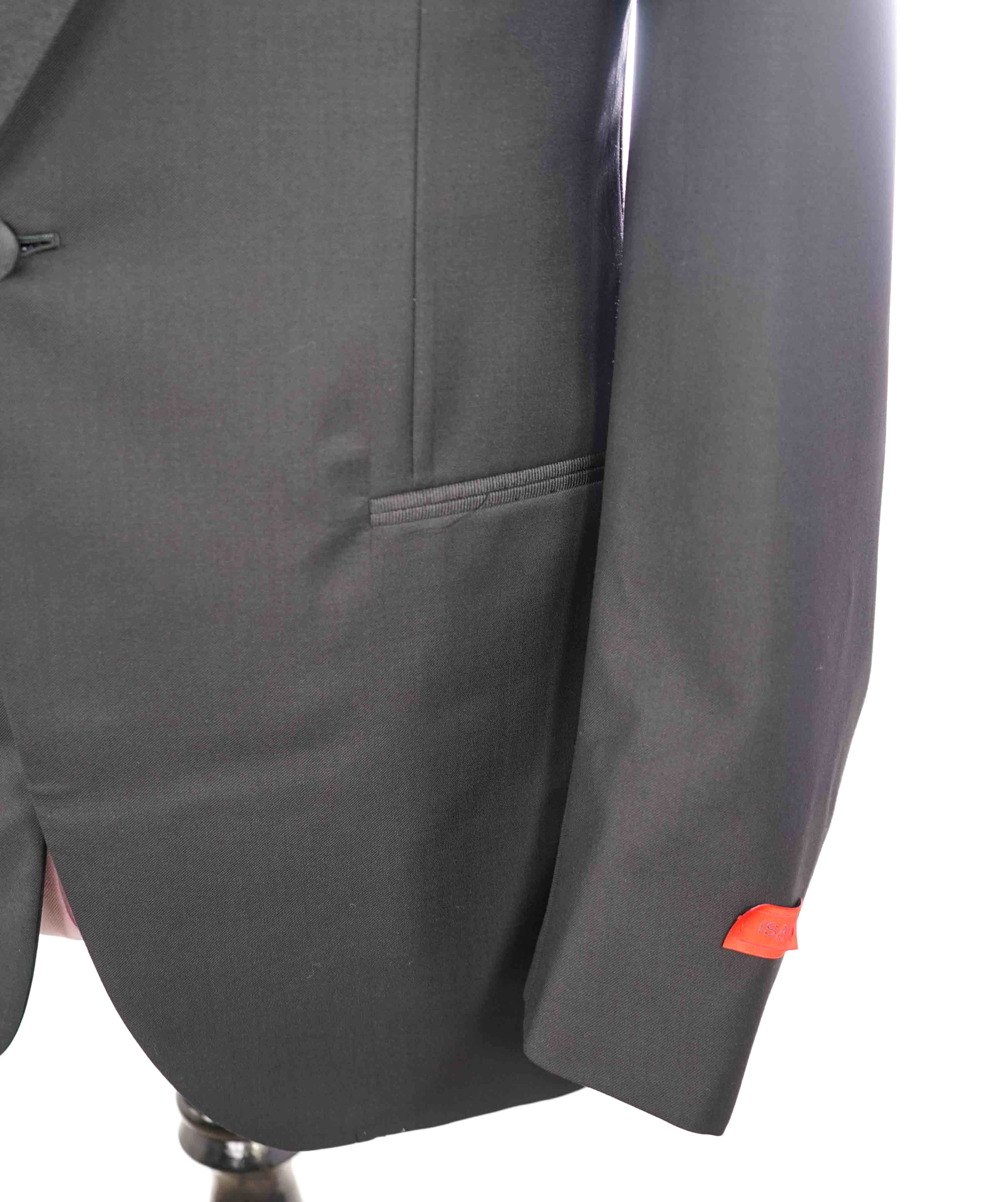 $4,595 ISAIA - "AQUASPIDER" Satin PEAK LAPEL Black Wool Tuxedo - 42R