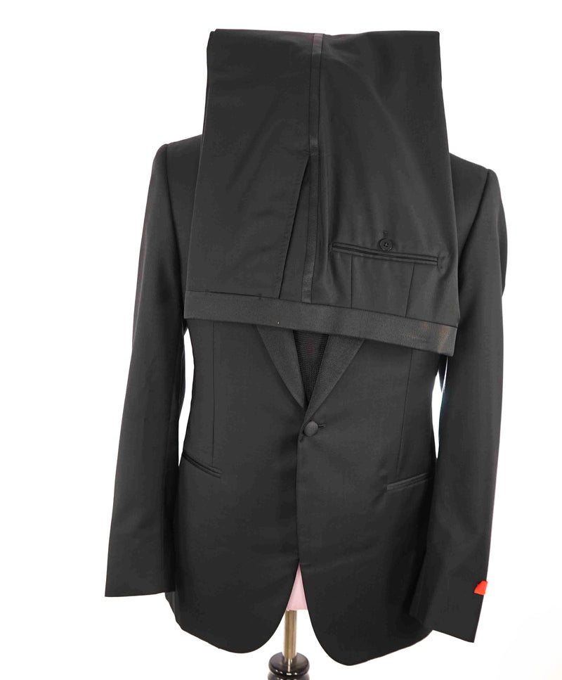 $4,595 ISAIA - "AQUASPIDER" Satin PEAK LAPEL Black Wool Tuxedo - 46R