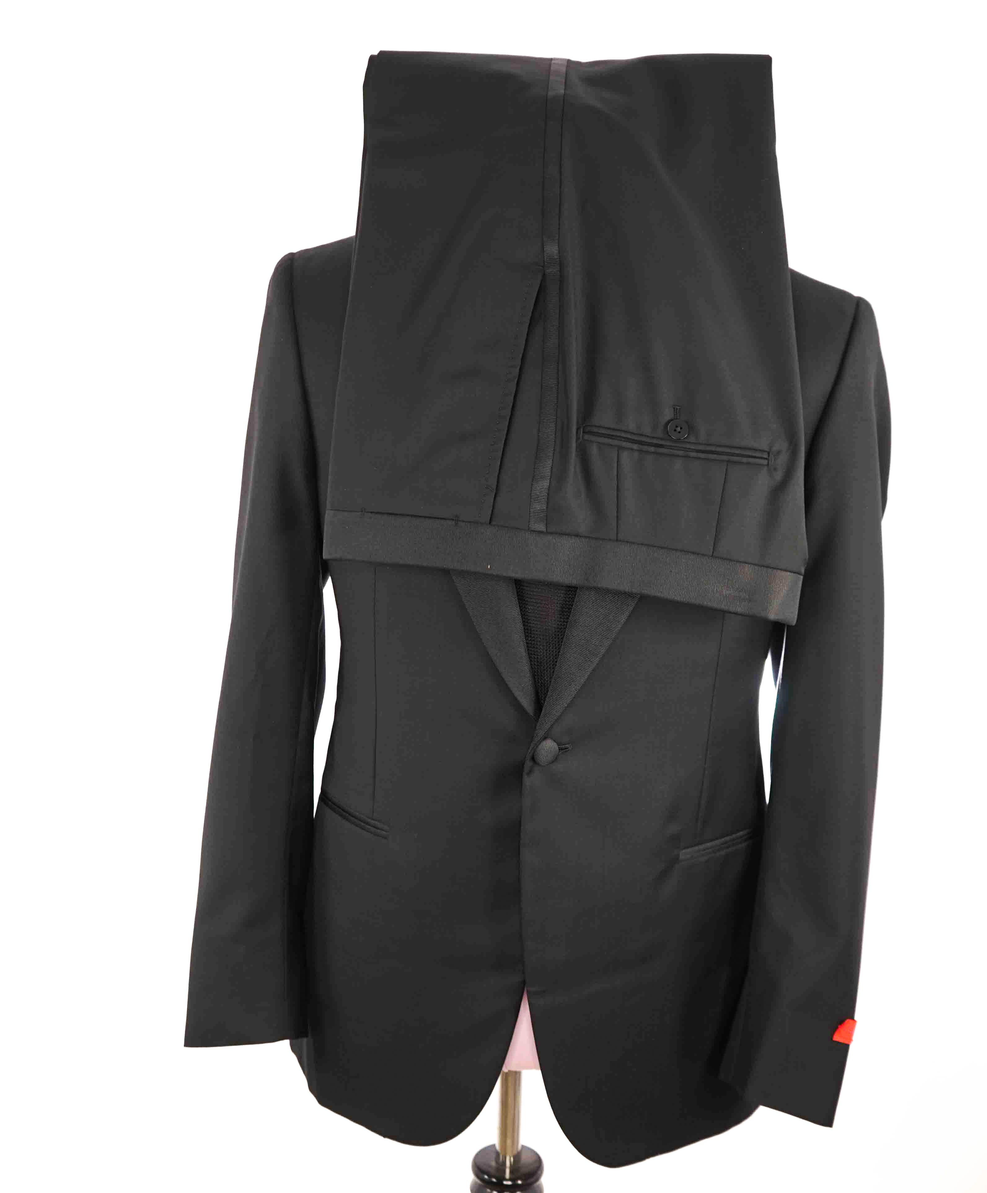 $4,595 ISAIA - "AQUASPIDER" Satin PEAK LAPEL Black Wool Tuxedo - 42R