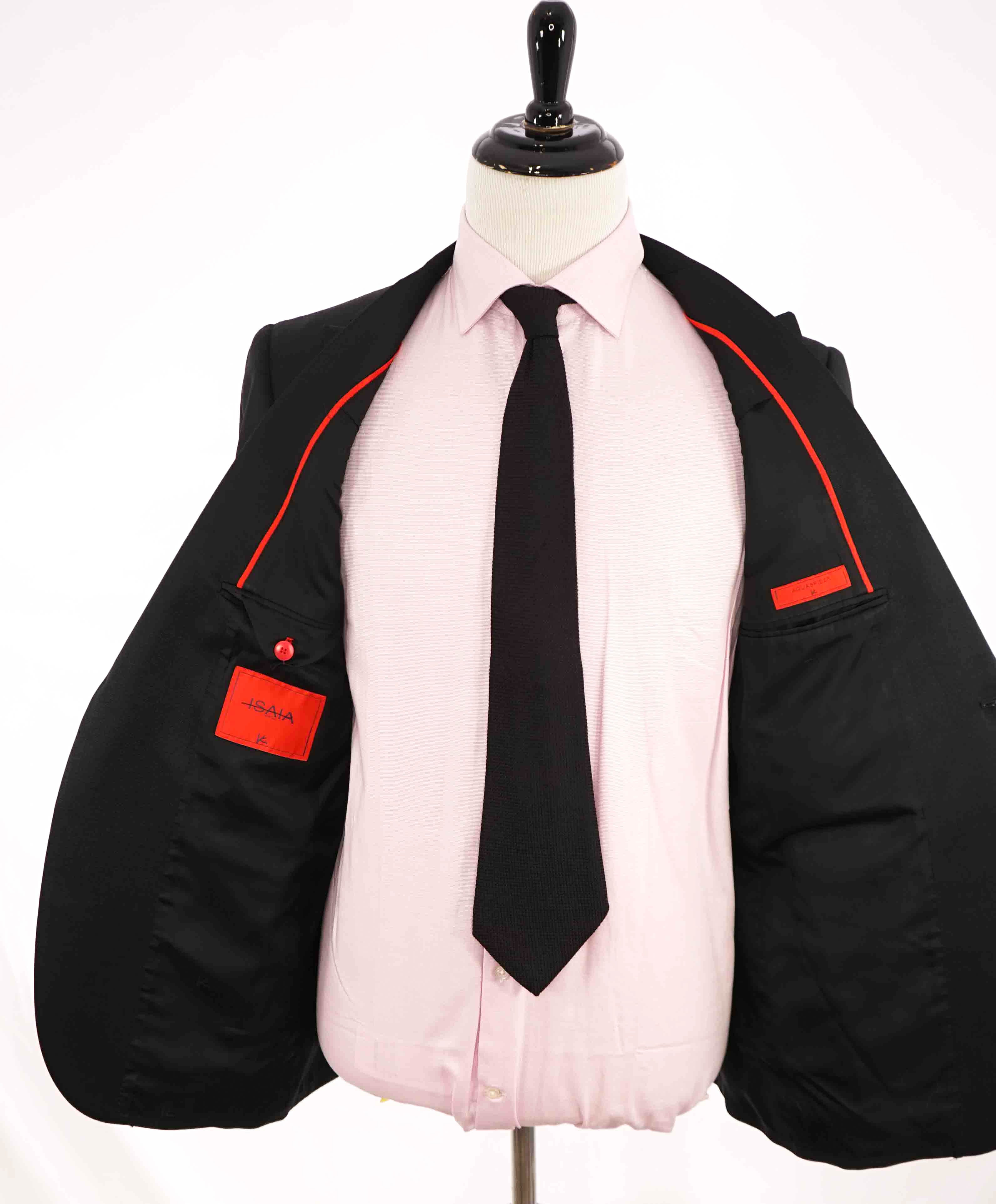 $4,595 ISAIA - "AQUASPIDER" Satin PEAK LAPEL Black Wool Tuxedo - 42R