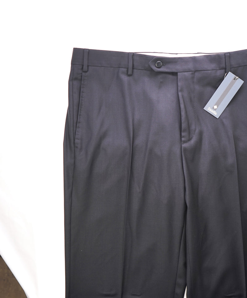 ZANELLA - Solid Black “DEVON” Wool Flat Front Dress Pants - 38W