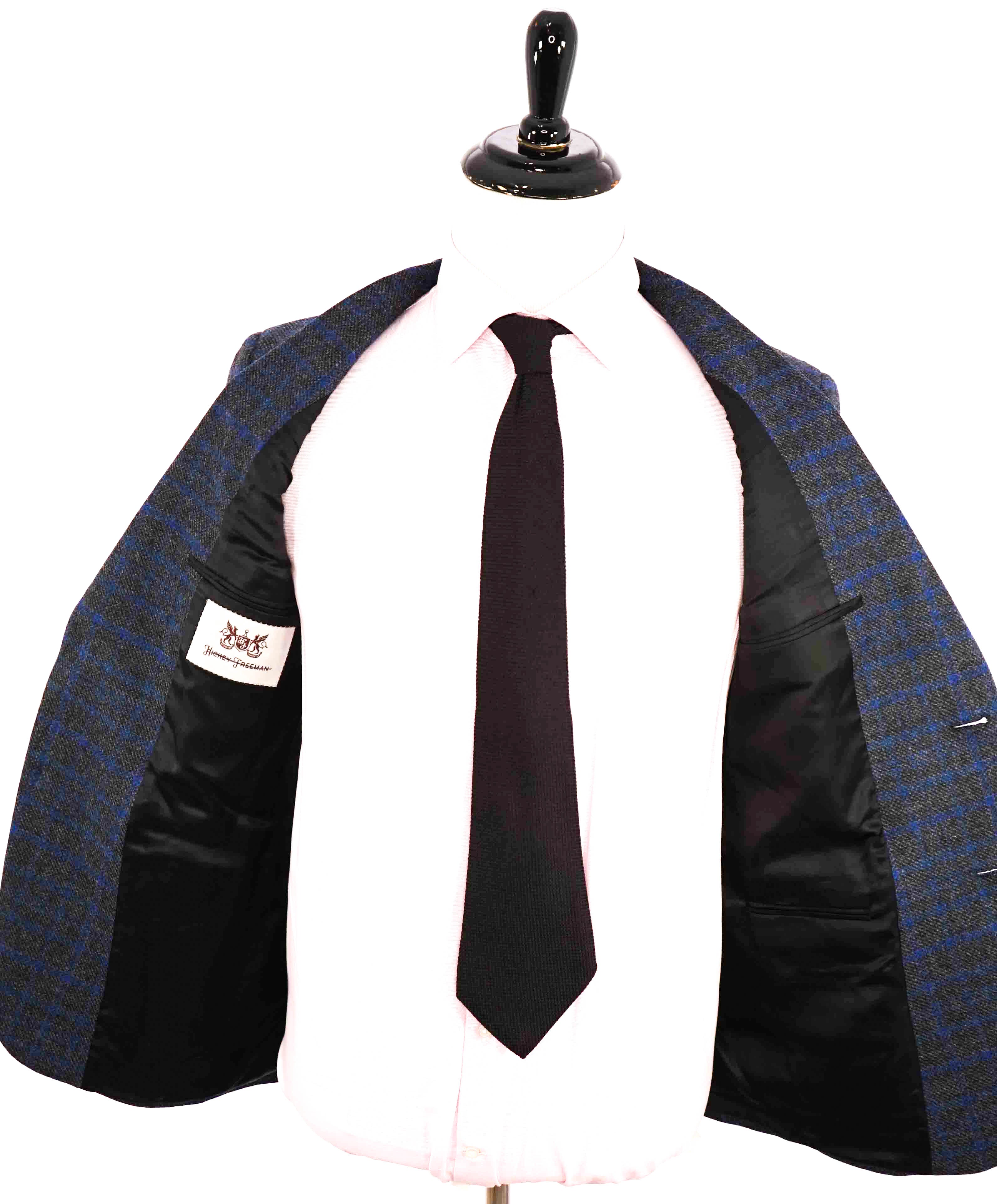 $895 HICKEY FREEMAN - Blue & Gray Check Plaid CASHMERE & WOOL Blazer - 38R