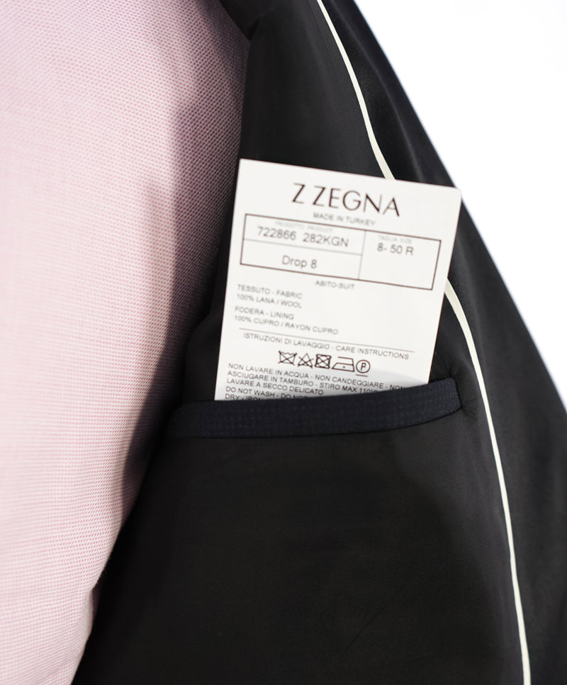 Z ZEGNA - Navy Blue Micro Check Textured Fabric Drop 8 Tuxedo Suit - 40R