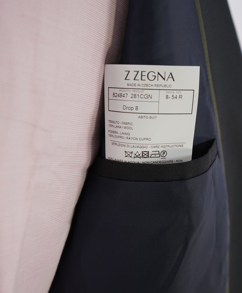 Z ZEGNA - Solid Black Fabric LOGO BUTTONS Drop 8 Wool Suit - 44R