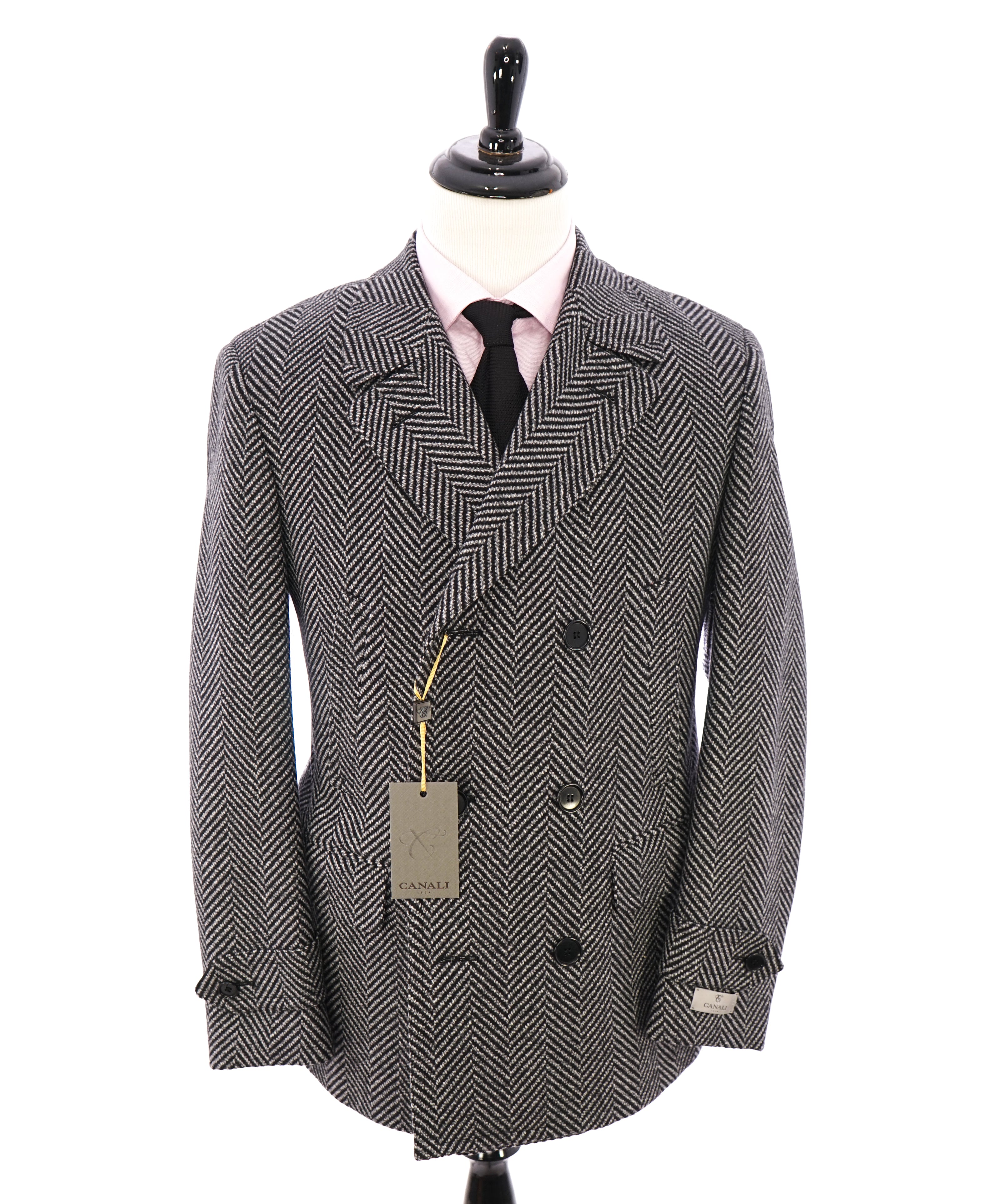 CANALI - Black & White Herringbone Double Breasted Peacoat Quilted Coat - 42