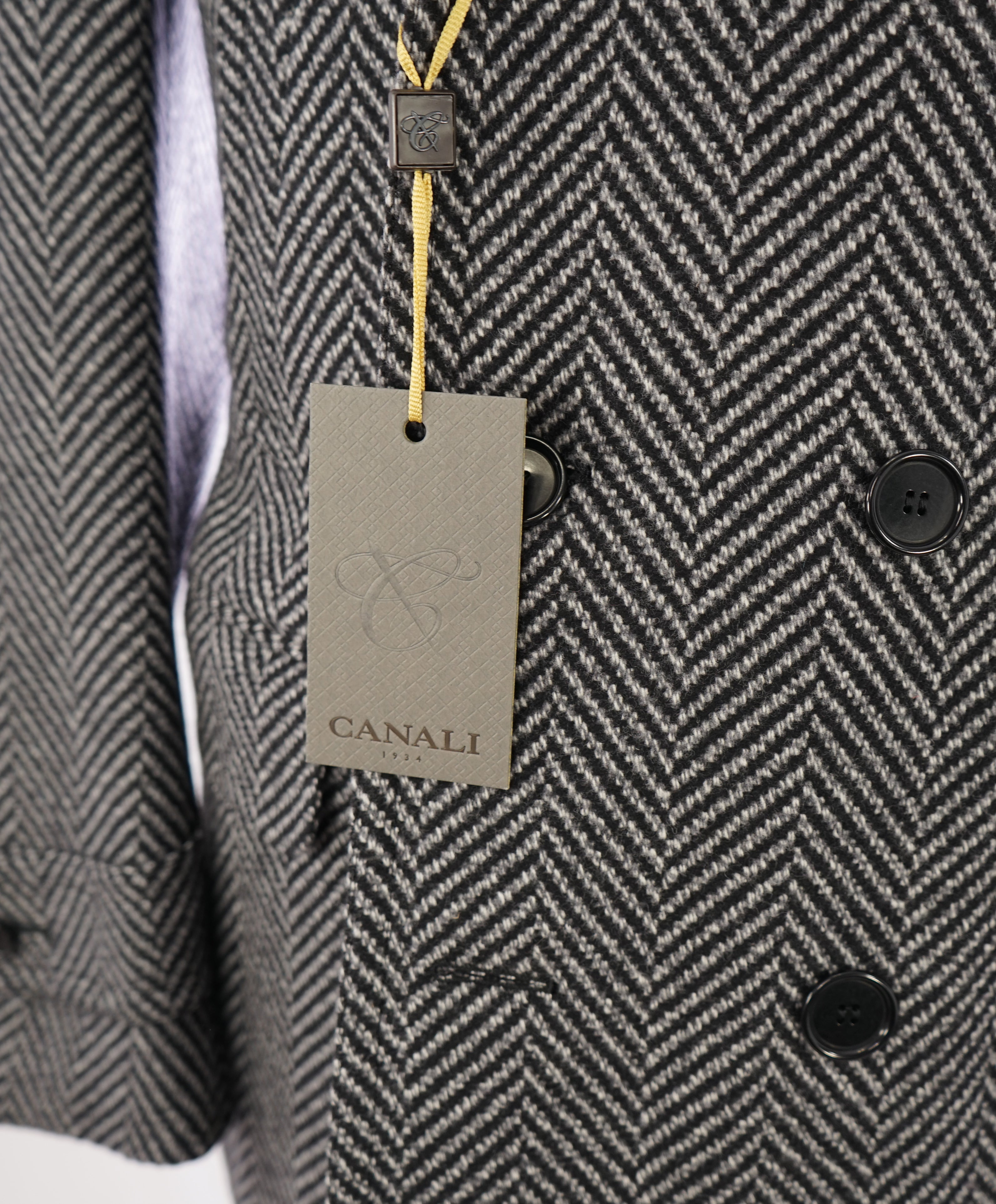 CANALI - Black & White Herringbone Double Breasted Peacoat Quilted Coat - 42
