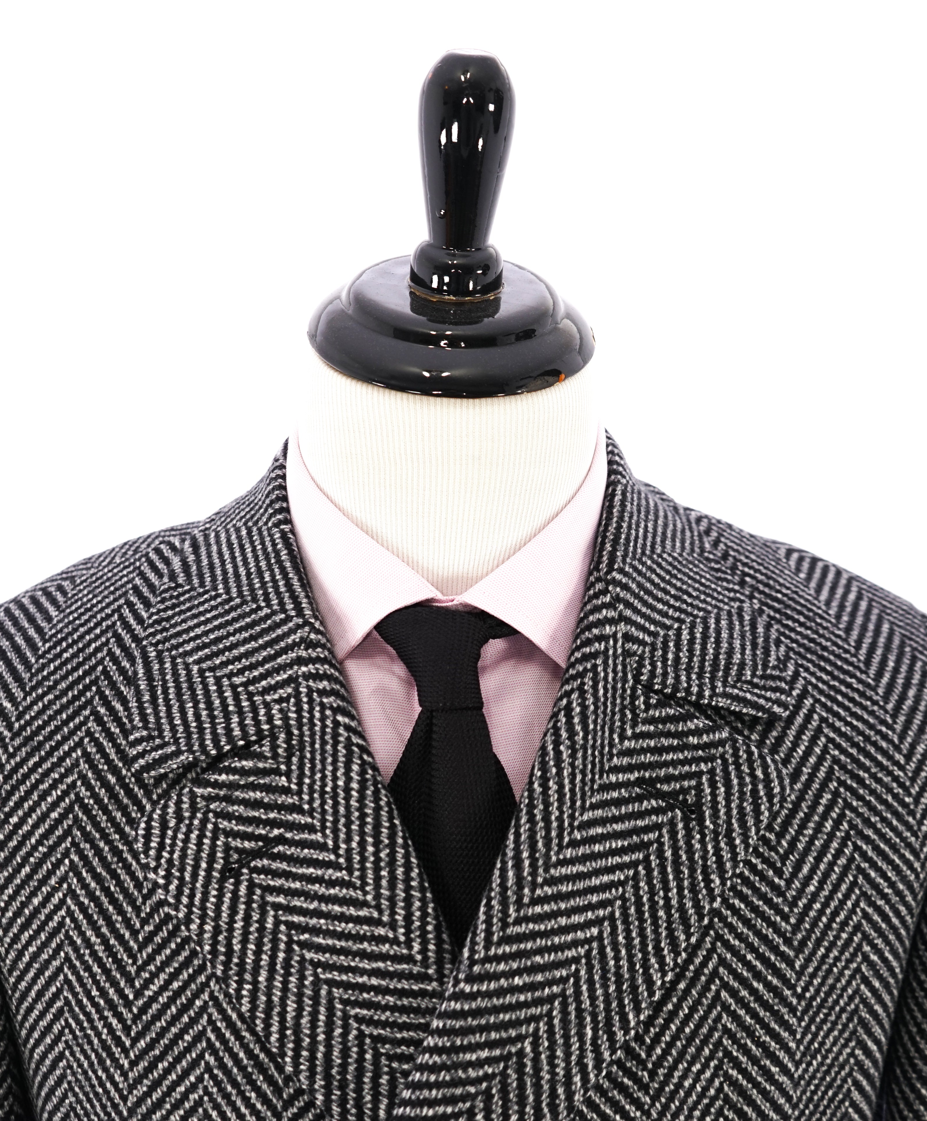CANALI - Black & White Herringbone Double Breasted Peacoat Quilted Coat - 42