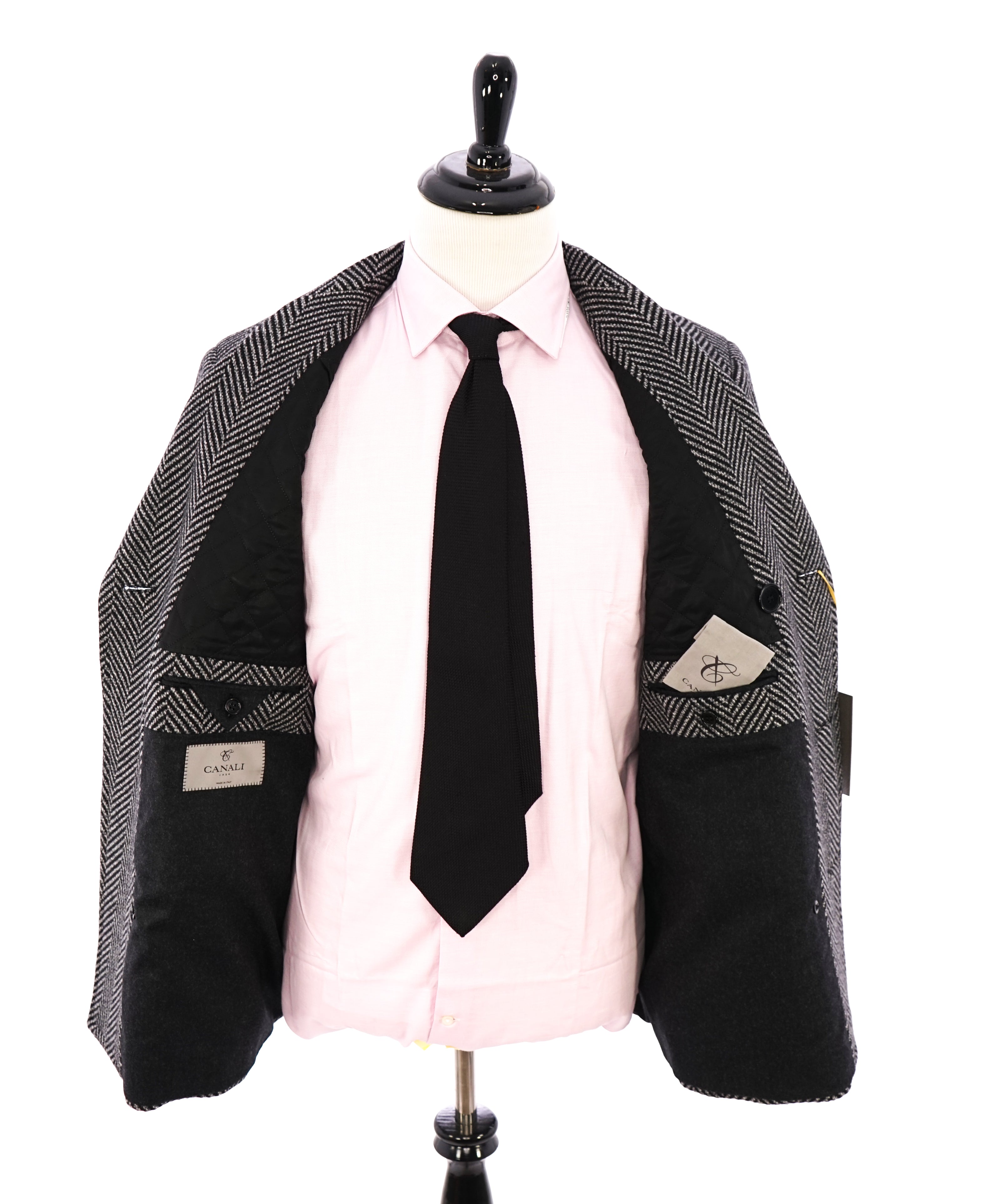 CANALI - Black & White Herringbone Double Breasted Peacoat Quilted Coat - 42