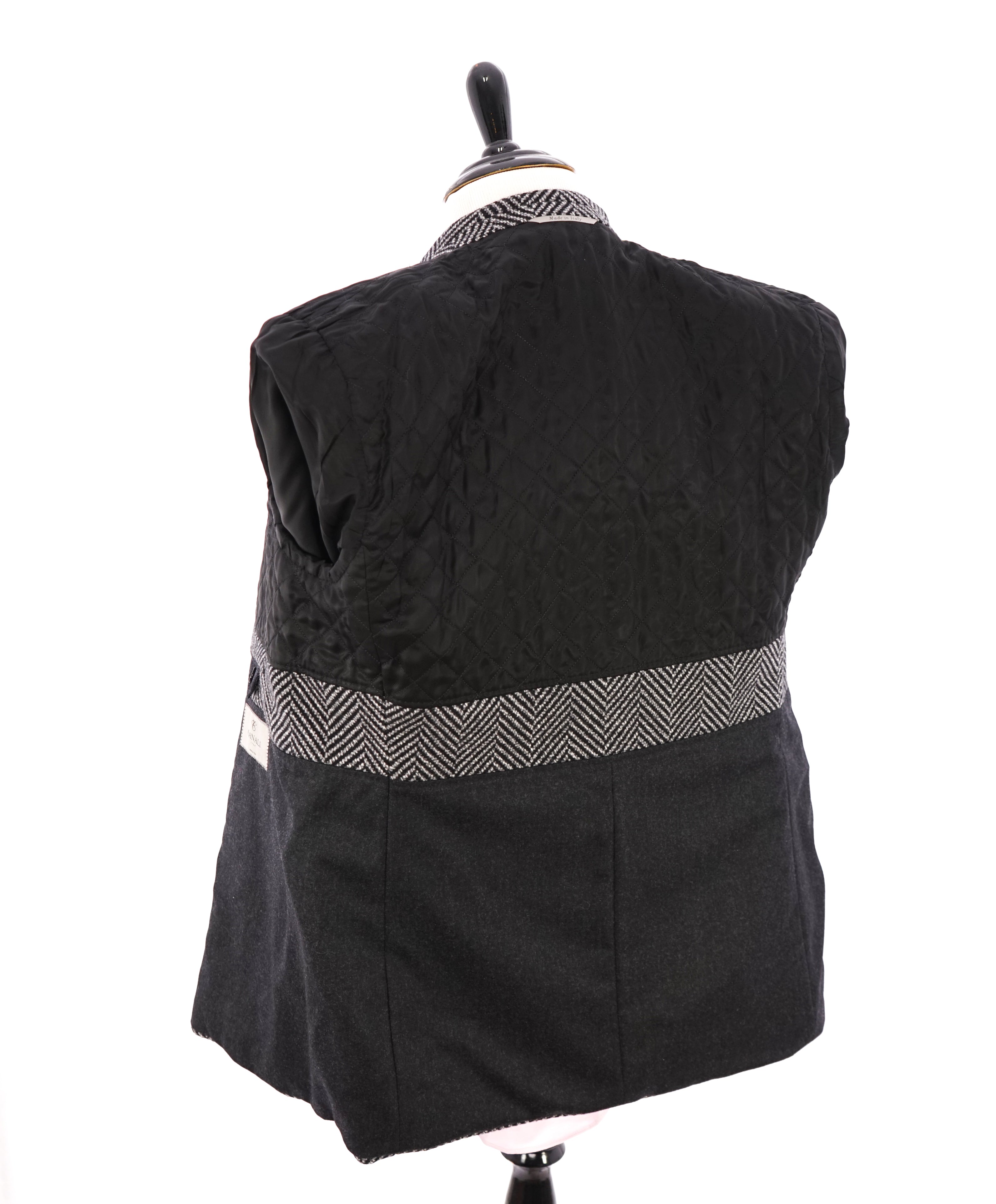 CANALI - Black & White Herringbone Double Breasted Peacoat Quilted Coat - 42