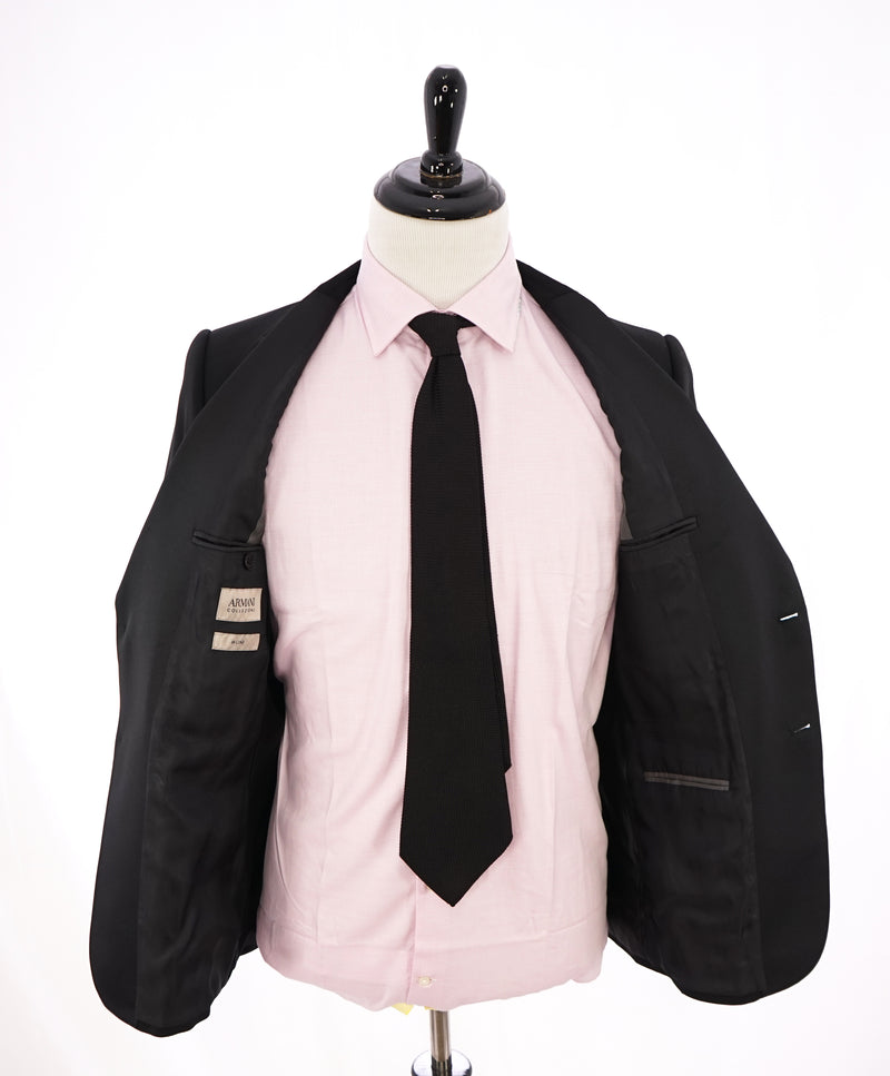 ARMANI COLLEZIONI - Black Textured Peak Lapel "M Line" Slim Suit - 38R