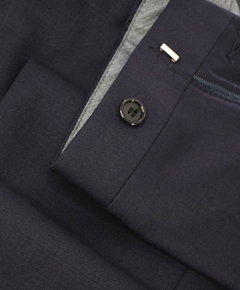 HICKEY FREEMAN - Solid Navy Closet Staple Wool Flat Front Dress Pants - 34W