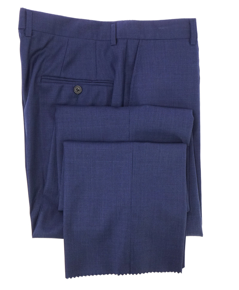 HICKEY FREEMAN -  Blue MicroCheck Plaid Wool Flat Front Dress Pants - 36W