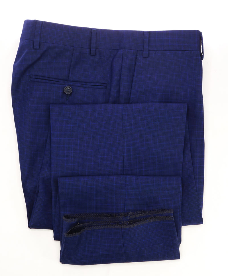 CANALI - Bold Blue Micro Check Plaid Flat Front Dress Pants - 32W